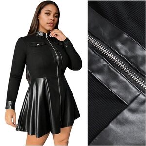 NWT ZDNPX Black Faux Leather Goth Gothic Zip Up Long Sleeve Mini Dress 3XL 18